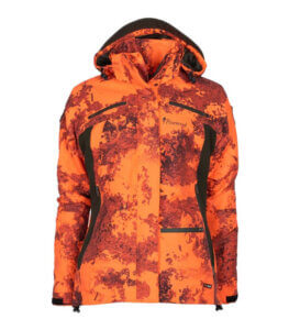 chaqueta de caza de mujer naranja de alta visibilidad impermeable