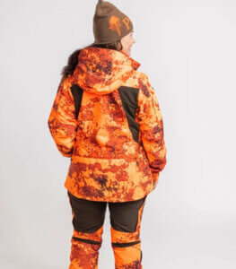 chaqueta de caza de mujer naranja de alta visibilidad impermeable